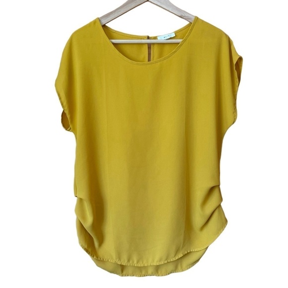 MINE shirred cap sleeve scoop neck mustard blouse size large - Picture 1 of 14